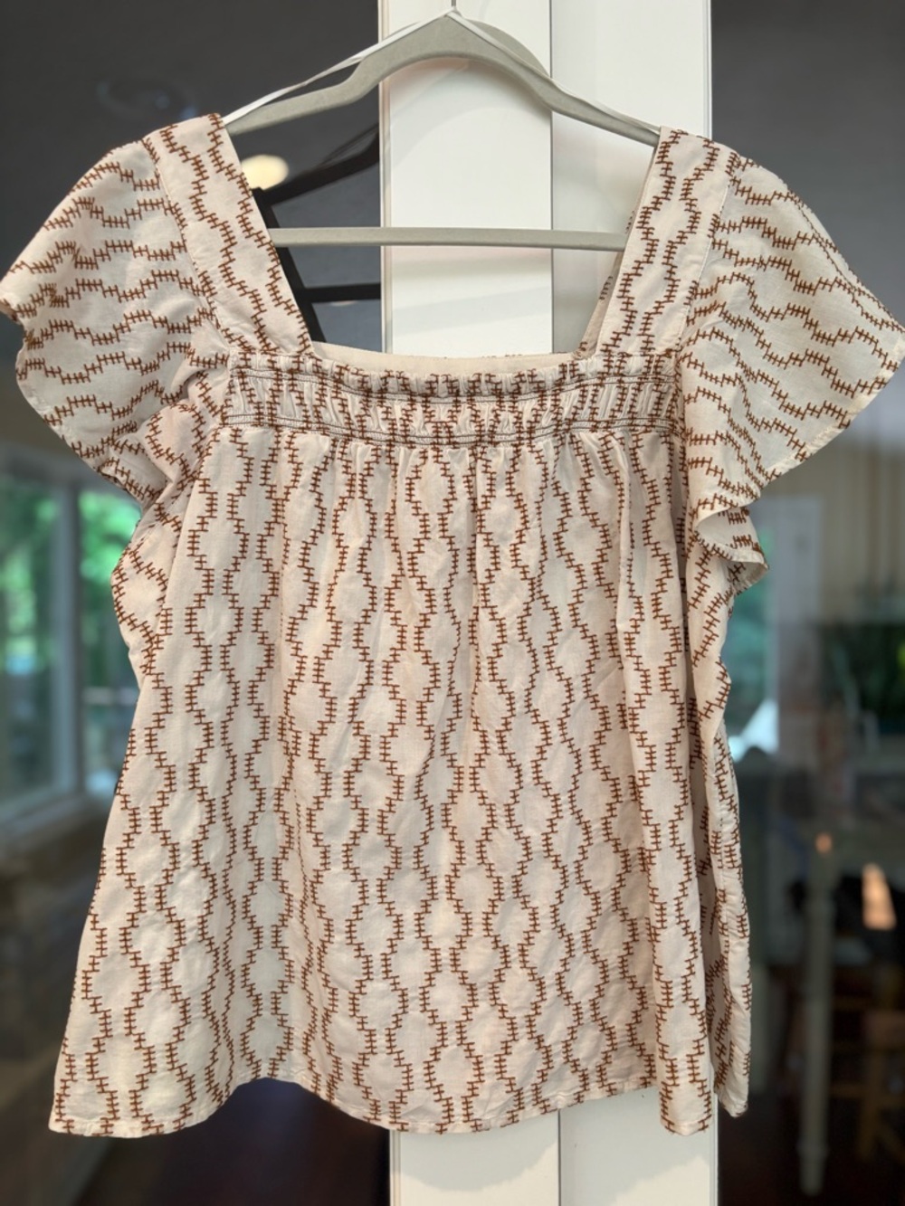 a.n.a Cream Top with Brown Geometric Stitch Pattern